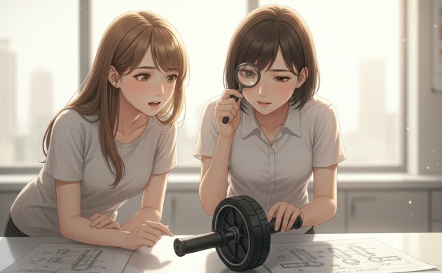 分解された腹筋ローラーの軸(シャフト)を、美羽とあいみが真剣に観察するイラスト。強度を支える金属パーツの重要性と、設計の信頼性を表現。