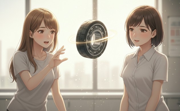 幻想的な光の中で、滑らかに回転するベアリングを見つめる美羽とあいみ。筋肉との対話を邪魔しないスムーズな回転の魔法を象徴するイメージ。