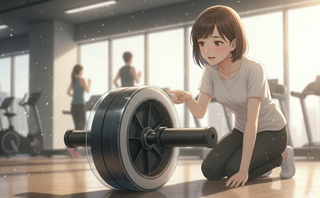 ジムの床で腹筋ローラーのホイール断面を観察する美羽とあいみ。床への優しさと高いグリップ力を両立する多層設計の構造を可視化したイラスト。