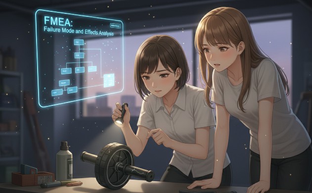 ガレージで故障の予兆を点検する美羽と、心配そうに見守るあいみ。FMEA(故障モード分析)の概念を元にした、安全な防衛設計と点検の重要性。