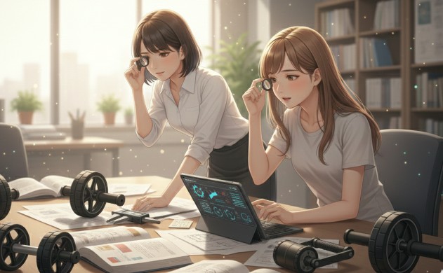 オフィスで複数の腹筋ローラーを並べ、測定器で構造を比較検討する美羽とあいみ。設計者が合格点を出せる高品質な製品選びと比較プロセスの図解。