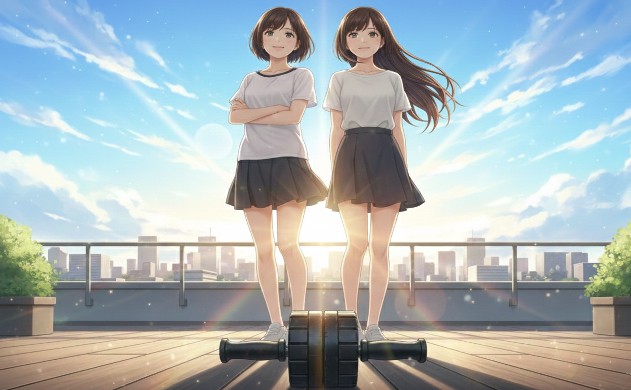 青空の下、使い込まれた腹筋ローラーを相棒のように置き、未来を見つめる美羽とあいみの笑顔。道具への信頼が自信に繋がるポジティブなメッセージ。