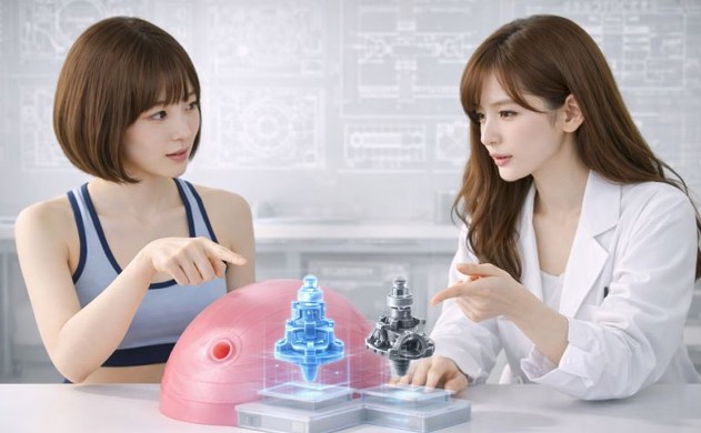 バランスボールの空気口のパーツ比較と3Dホログラムを使い、細部へのこだわりを熱心に議論するあいみと美羽