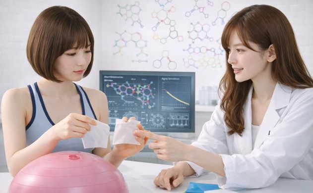 異なるPVC素材のサンプルを触り比べながら分子構造や経年劣化のシミュレーション結果を分析するあいみと美羽