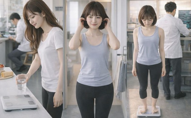 朝の柔らかい光の中、3つのシーンが自然に奥行きでつながる構図。
手前では、あいみ💛がキッチンでコップの水を置いている。
中景では、美羽💛が洗面所から髪を整えながら出てくる。
奥では、2人が体組成計の前に並んで立つ姿が写る。
さらに奥のキッチンで、後ろ姿の佐藤誠が体組成計の調整をしている。
全体が淡い色調で統一され、生活感とストーリー性がある。