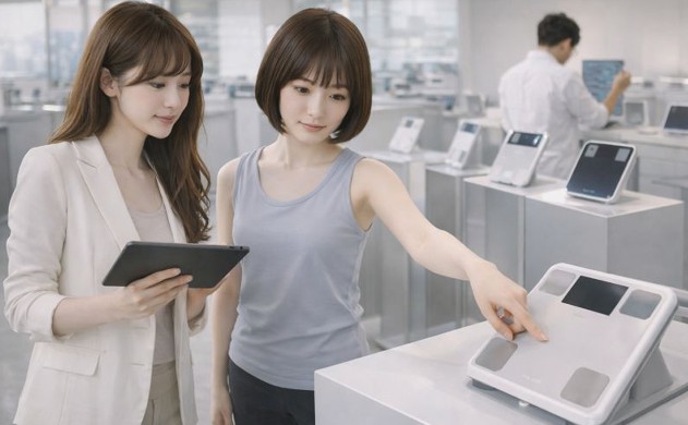 白とシルバーを基調にしたミニマルなショールームに、複数の体組成計が並ぶ。
美羽💛は真剣な表情で、足裏電極が大きい体組成計を指差している。
あいみ💛は横でタブレットを持ち、スペックを確認しながら少し落ち着いた表情で頷いている。
奥には、佐藤誠（後ろ姿）が展示台の位置を微調整している姿が写り、専門的な雰囲気を出している。