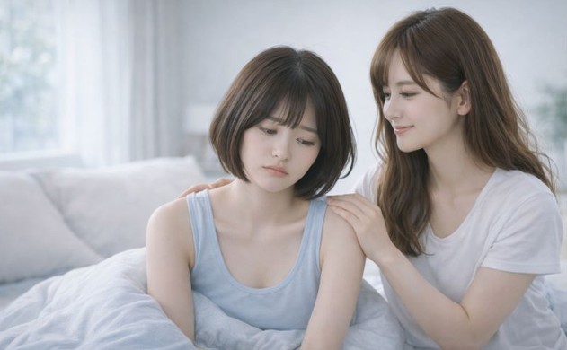 「また体が重い…」朝の絶望を感じているあなたへ。
朝の光が差し込む寝室で、美羽が眠そうに起き上がり肩を落としている。隣であいみが優しく背中をさすり、寄り添っている様子。