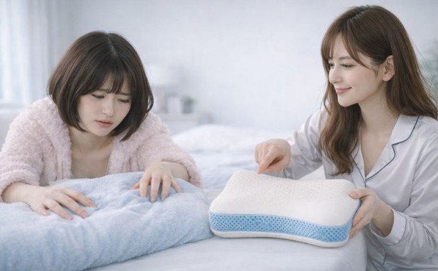 なぜ「フワフワの低反発」がダイエットの天敵なのか?
ベッド上に低反発枕と高反発枕を並べて比較し、美羽が沈み込む低反発枕にバランスを崩し、あいみが高反発枕を手で示しながら説明しているシーン。