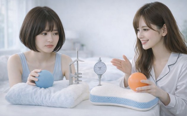おっぱいの弾力とパーセンタイル。理想の枕は「数値」で決まる。
あいみと美羽が枕の硬さや反発力を測るため、ゴムボールとゲルボールを持って比較している。理科実験のように、枕の数値を確認するシーン。