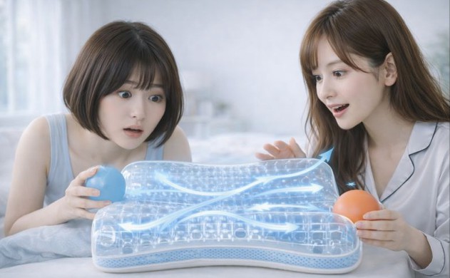 「脳のオーバーヒート」を防ぐ独立気泡と連続気泡の放熱設計。
透明モデルの枕内部構造が青いラインで示され、通気の流れを可視化。あいみと美羽が驚きながらその構造を見つめている様子。
