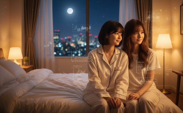 あいみと美羽が夜の寝室で寄り添って座り、柔らかな間接照明の光を見つめている。広角の横長構図で、落ち着いた夜の部屋全体と淡い光の雰囲気が写し込まれている。