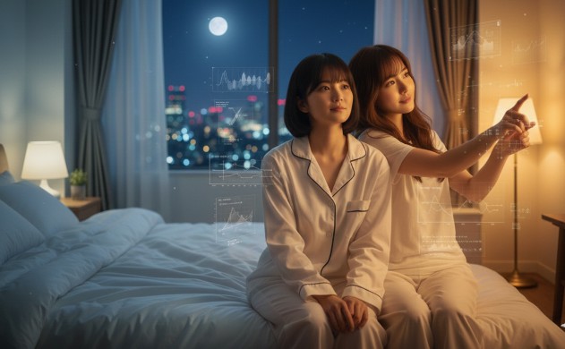 あいみと美羽が寝室の天井照明を見上げ、青白い光と暖色の光が対比的に写されている。2人は中央に寄り添い、背景には生活感のある広い寝室が広がっている。