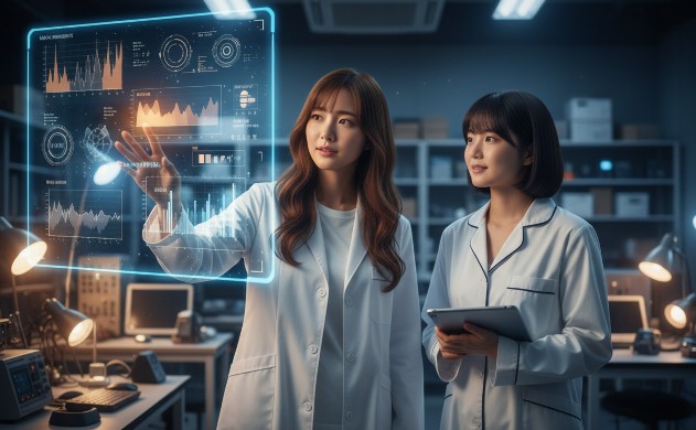 科学的な雰囲気のデスク前で、あいみが光量グラフや照度計を指しながら説明し、美羽が頷いて聞いている。広角の横長構図で、背景に光源や計測機器が広く写っている。