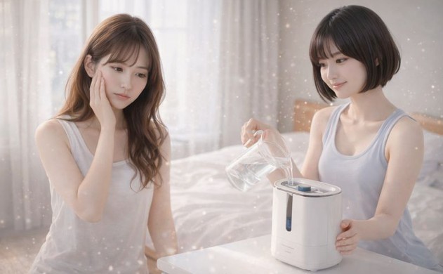 朝の寝室で、あいみ💛が頬の乾燥を気にして手を当て、隣で美羽💛が加湿器に水を注ぐ。柔らかな光と軽い粒子が漂い、清潔感のある温かいシーン。
