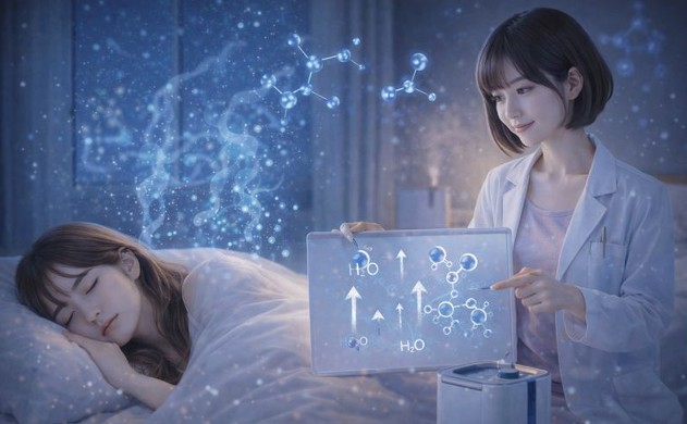 青みの夜の寝室で、あいみ💛が布団に包まれて眠り、美羽💛がホワイトボードで水分蒸発の矢印を示して解説。背景に分子モデルの光が浮かぶ科学的な雰囲気。