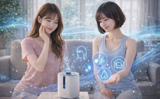 湿度が最適化されたリビングで、あいみ💛が加湿器を操作し、隣の美羽💛が美肌・喉・鼻・家具保護を象徴する4つのホログラムアイコンを手のひらに浮かべている。