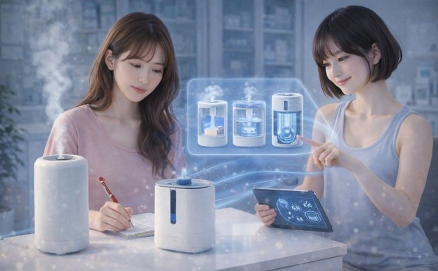 白基調のデスクで、あいみ💛が複数の加湿器を並べてメモを取り、隣で美羽💛がタブレットに表示した加湿器内部構造のホログラム図を示しながら説明する未来的なシーン。