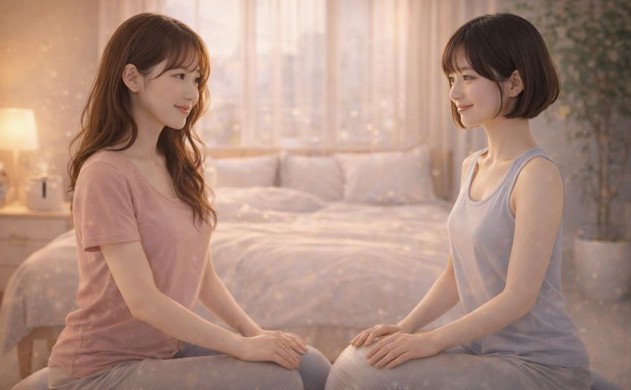 白基調のデスクで、あいみ💛が複数の加湿器を並べてメモを取り、隣で美羽💛がタブレットに表示した加湿器内部構造のホログラム図を示しながら説明する未来的なシーン。