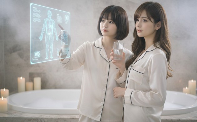 バスルームを背景に、グラスを持つ美羽と、人体の血流を水冷システムに見立てた青い図解を指差すあいみ。科学的な好奇心に満ちた二人の姿。