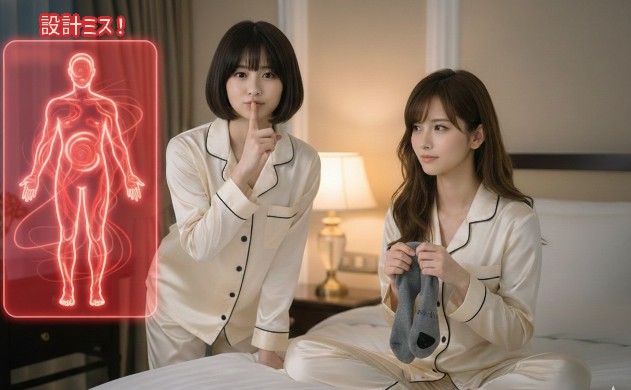 ベッドの端で脱ぎ捨てられた靴下を困り顔で見つめる美羽と、熱が籠もる現象を赤いホログラムで警告するあいみ。「ダメだよ」と教えるお茶目なシーン。