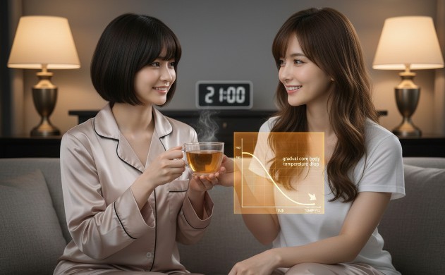 入眠90分前、ハーブティーを楽しみながら体温低下のシミュレーションラインを確認する、戦略的で穏やかなリビングでのあいみと美羽。