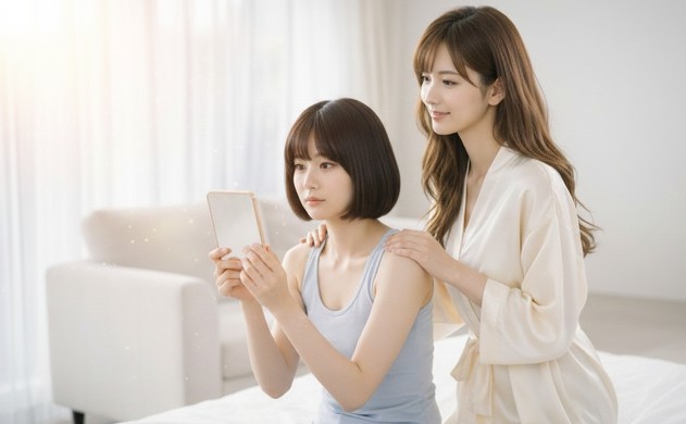 【鏡の中の自分】
朝の光が差し込む寝室で、浮かない表情で手鏡を見つめる美羽と、その後ろから優しく肩に手を置いて励ますあいみの様子。