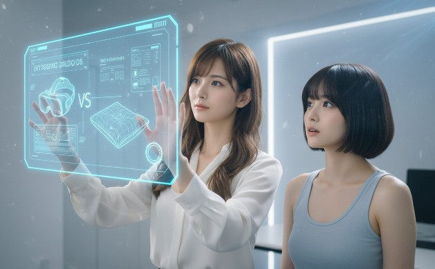 【HMD設計と黄金比】
近未来的な設計オフィスで、HMDの設計技術を枕に応用するホログラム図解を前に、最先端の技術に感銘を受けるあいみと美羽。