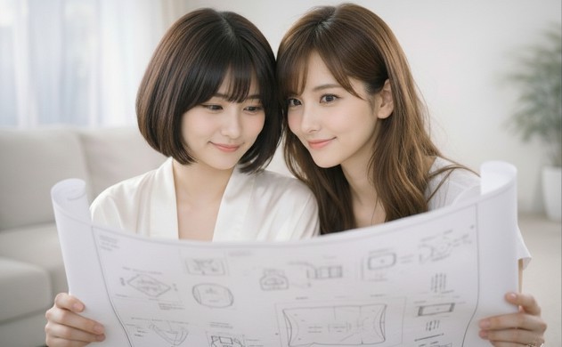 【究極の癒しの答え】
秘密の設計図を一緒に覗き込みながら、読者に期待感を与えるような魅力的な微笑みを浮かべるあいみと美羽のツーショット。