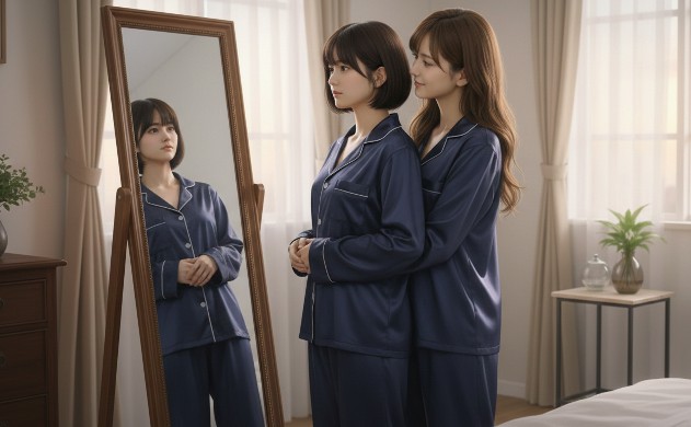 夕暮れの寝室で、ネイビーのシルクパジャマを着た美羽と、彼女を後ろから優しく抱きしめるあいみの姿。アンティークな鏡越しに自分たちの姿を見つめ、内面の再設計を予感させる情緒的なシーン。