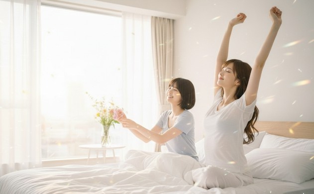 朝焼けの光が差し込む寝室。ベッドの上で最高の笑顔で目覚めたあいみと美羽が、輝く肌と幸福感に包まれて新しい一日を迎える、希望に満ちたフィナーレのシーン。