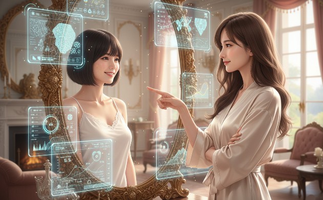 鏡に映る自分を笑顔で見つめる美羽と、肌のテクスチャ分析データを指し示すあいみ。光学設計による美の再設計を象徴するリビングの風景。