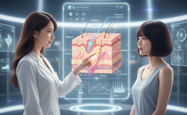 肌の断面図のホログラムを真剣に見つめるあいみと美羽。光が肌層を透過・反射・吸収する物理的なプロセスを工学的に解説している様子。