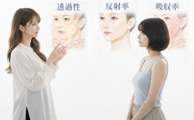 肌の透過性・反射率・吸収率を可視化した3つのホログラムパネルと、肌質を左右する物理パラメータについて解説を受ける美羽。