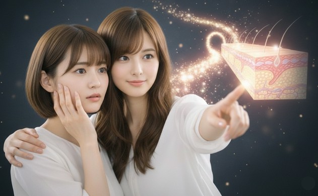 光美容のメカニズムを解説するあいみと、肌の深層へ届く光の道を不思議そうに見つめる美羽の幻想的なビジュアル
