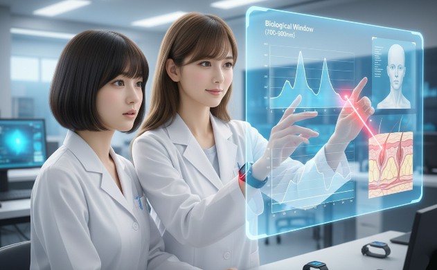 ハイテクなラボで「生体の窓（700-900nm）」のホログラム波形を操作し、光の透過性を美羽に解説する知的なあいみ