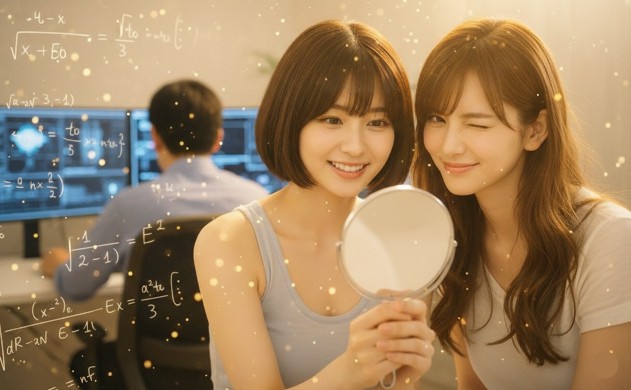 鏡を見て笑顔の美羽と、設計図を背景にウインクするあいみ。設計者の背中越しに描かれた「美しさは設計できる」という確信のイメージ