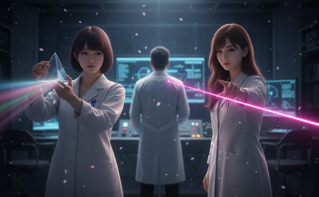 暗い実験室で、左側の女性（美羽）が持つプリズムから散らばるIPLの光と、右側の女性（あいみ）が指し示す真っ直ぐで強力なピンクのレーザー光が対比され、奥には設計者の背中が見えるサイバーパンクな光景。