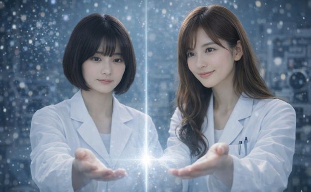 薄暗い研究室で白衣を着た若い女性研究者二人が、手のひらを前に差し出して中央に収束する一本の強い光をそっと受け止めている。周囲にはぼやけた光の粒子が漂い、背景には研究機器が淡く見える。静かで神秘的な雰囲気の中、安心感のある穏やかな表情を浮かべている。