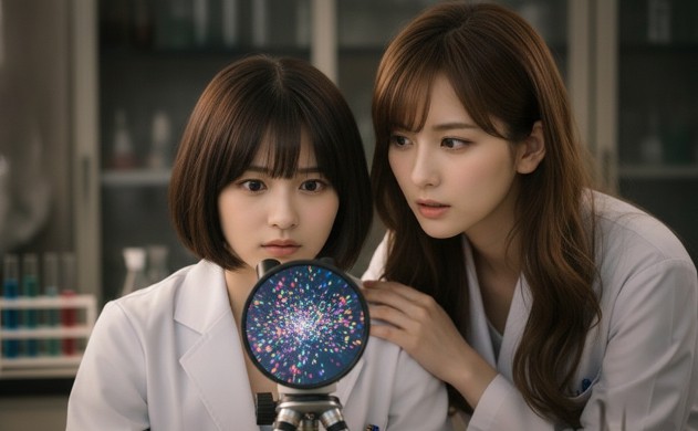 薄暗い研究室で白衣を着た若い女性研究者二人が顕微鏡をのぞき込んでいる。手前の短いボブヘアの研究者が真剣で少し困惑した表情を浮かべ、顕微鏡のレンズ内には色とりどりの光粒子が水中のインクのように複雑に拡散する幻想的な映像が映っている。隣の長いウェーブヘアの研究者は心配そうに肩へ手を添え、優しい眼差しで同じ視野を見つめている。背景には研究室の棚や器具がぼんやり見え、静かでドラマチックだが温かみのある雰囲気。