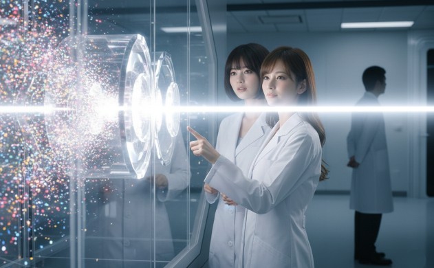 近未来的で清潔な研究施設の中、白衣を着た若い女性研究者二人が巨大な透明光学装置の前に立っている。装置の左側からは無数のカラフルな光粒子が乱雑に流れ込み、内部のクリスタル状レンズ群を通過するにつれて整えられ、右側へ一本の強く純白な光線として放出されている。長いウェーブヘアの研究者が満足げにその光のラインを指差し、隣のショートボブの研究者は感動したように輝く光を見つめている。背景の奥には、別の白衣の研究者が後ろ姿で静かに様子を見守っている。透明感のある空間と強い光のコントラストが、未来的で感動的な雰囲気を作り出している。