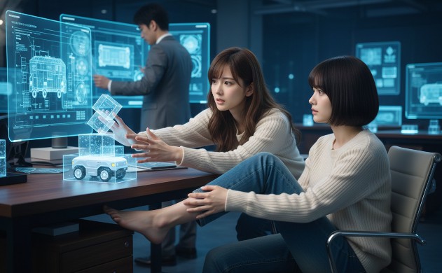 設計デスクでAMRモデルと積み上げられたズレた透明キューブを前に、不安定なキューブを支えようとするあいみと、むくんだ足をさすりながら困り顔の美羽、奥で設計図を凝視する誠さんの姿。