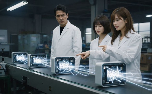 薄暗い工場で、光軸のズレた不良品の光美容器が流れるベルトコンベアを険しい顔で見つめる白衣の誠さん。悲しげに指差すあいみと、漏れる不規則な光に目を細める美羽のシリアスな光景。