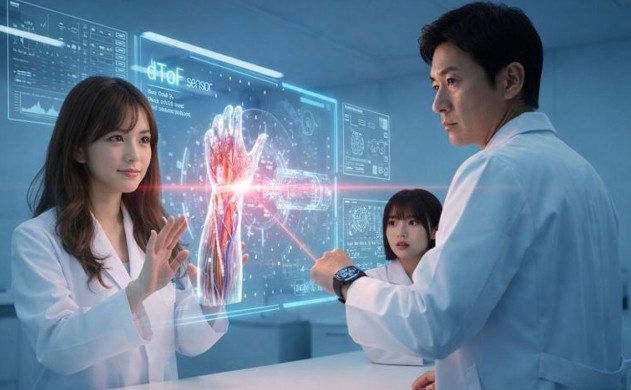 未来的なクリーンルームで、人体模型へのレーザー照射ホログラムを真剣に見守る白衣の誠さん。繊細な光の軌道を包み込むようなあいみと、デバイスを興味深く見つめる美羽が描かれた神秘的なシーン。