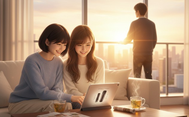 柔らかな朝日の差し込むリビングで、ソファに寄り添いタブレットを笑顔で眺めるあいみと美羽。窓辺で二人を優しく見守る誠さんの背中と、テーブルのハーブティーが醸し出す穏やかな幸福感。