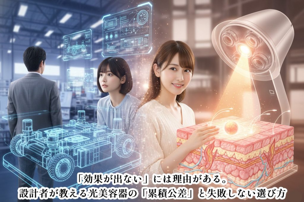 AMR（自律走行ロボット）の精密な3Dホログラムと対話するエンジニアの後ろ姿と、その技術を応用した光美容器の内部構造に優しく手を添える女性エンジニア（あいみ）の融合。左側には青いテクノロジーの世界、右側には肌にジャストフォーカスする温かい光の世界が広がり、中央では好奇心を持って見守る少女（美羽）が寄り添っている。高度な光学設計と、人への愛・気配りが調和する瞬間を描いたドラマチックなビジュアル。