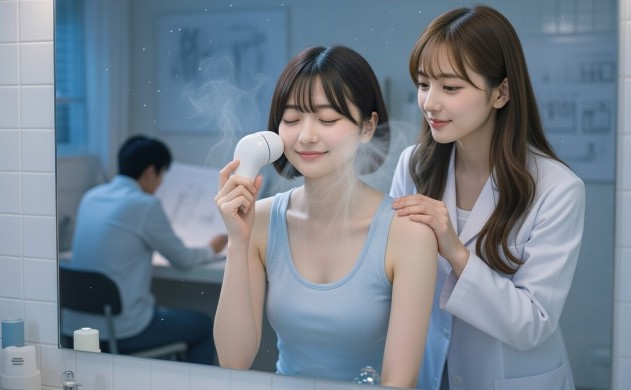 夜の洗面所で鏡の前に立つ美羽が、冷たい光美容器を頬に当てて目を閉じ、安堵の微笑みを浮かべている。頬から白い冷気が立ち上り、あいみが後ろから優しく肩に手を置き見守る。鏡に映る二人の穏やかな姿。奥に佐藤誠の後ろ姿が設計図を見つめている。青白い幻想的な光と粒子が舞う雰囲気。