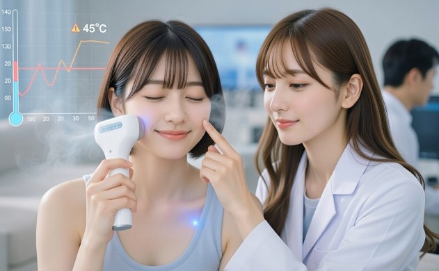 クローズアップで美羽が目を閉じて光美容器を頬に当て、幸せそうな表情。透明な冷気が立ち上がり、青い光が肌に反射。あいみが横で美羽の頬に優しく指を添え温度を確かめている。背景に45℃の温度計グラフが浮かび、赤い警告ラインと青い安全ゾーンがコントラスト。奥に佐藤誠の後ろ姿がモニターを真剣に見つめている。クールで神聖な青白い光の雰囲気。