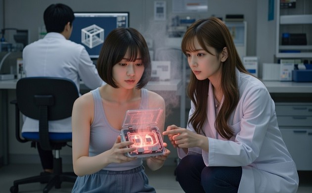 実験室の暗い照明の中、美羽が密閉された小型光美容器を両手で持ち、心配そうに内部を見つめている。本体カバーが少し開き、熱気が立ち上る。あいみが横でしゃがみ込み、ヒートパイプとペルチェ素子を指差して優しく説明。奥のデスクで佐藤誠の後ろ姿が3Dモデルを回転させ解析中。赤みがかった熱の粒子が渦巻く緊張感とチームの絆が漂うドラマチックなシーン。