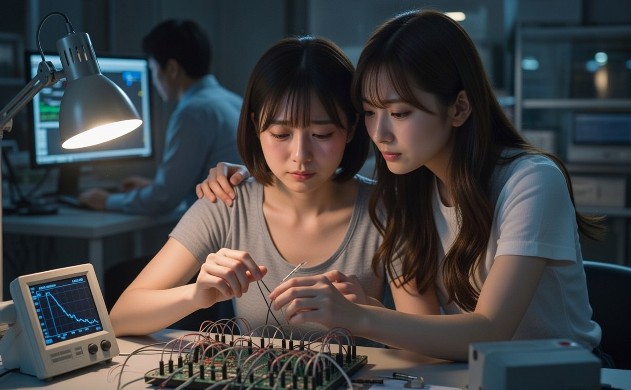 深夜の実験室、デスクライトの下で美羽が疲れた目で熱電対の細い線を丁寧に貼り直し、目元に涙が浮かんでいる。あいみが美羽の肩を抱き優しく励ましながら一緒に基板を見つめている。基板に熱電対の線が複数貼られ、隣の温度測定器に青い下降グラフが表示。奥に佐藤誠の後ろ姿がシミュレーション画面を徹夜で睨んでいる。暖かいオレンジ光とクールな青グラフのコントラストが努力と絆を強調。