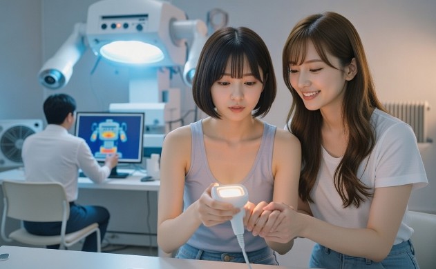 手前に小さな家庭用美容器を持ち、少し不安げな表情の美羽。あいみが優しく美羽の手を包み込み、安心させるように微笑んでいる。背景に巨大なサロン機がぼんやり浮かび、強力なファンとラジエーターが青白い光を放ちながら回っている。奥のデスクで佐藤誠の後ろ姿が巨大熱解析モデルを画面で拡大しながら真剣に見つめている。サイズの対比と誠実さの重みが感じられるクールな青と温かい光のグラデーション。